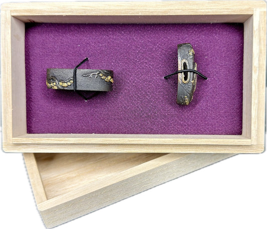 Fuchi Kashira Set, Shakudo, Falcon and Pines (Antique) w/ Storage Box