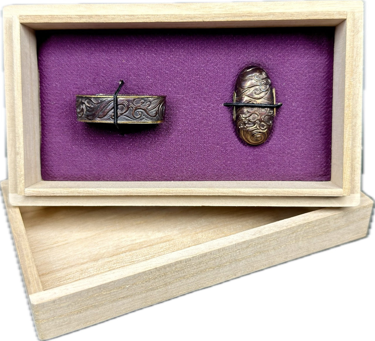 Fuchi Kashira Set, Shakudo, Waves (Antique) w/ Storage Box