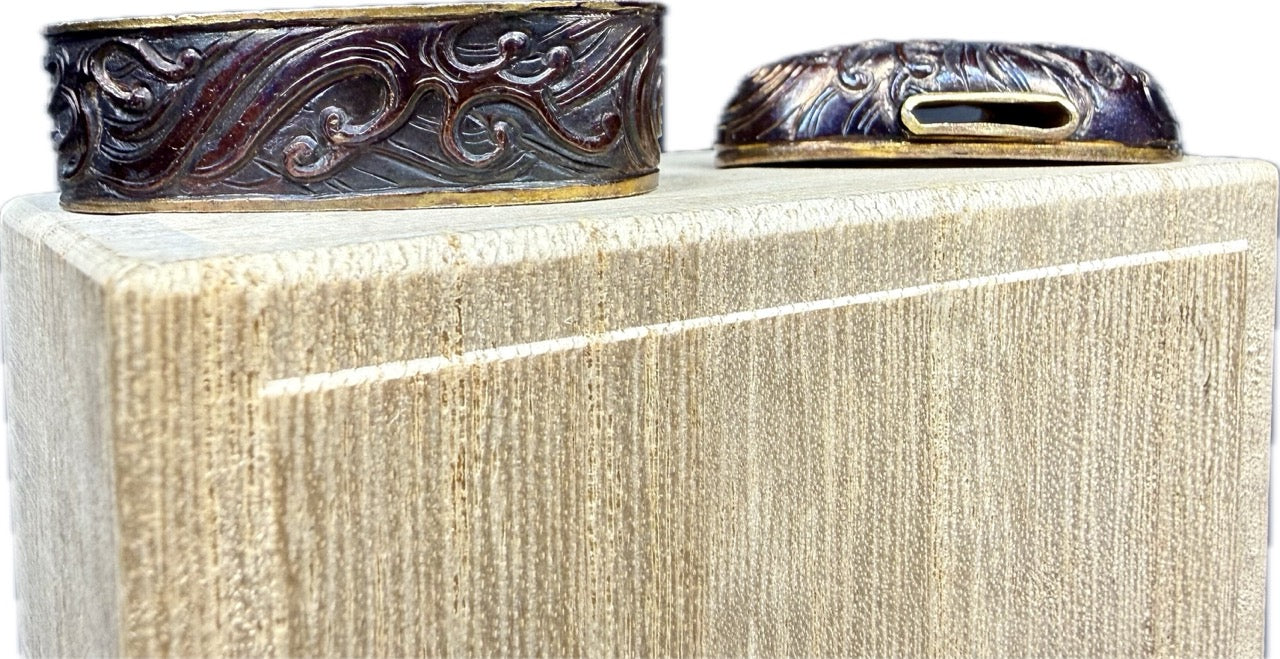 Fuchi Kashira Set, Shakudo, Waves (Antique) w/ Storage Box