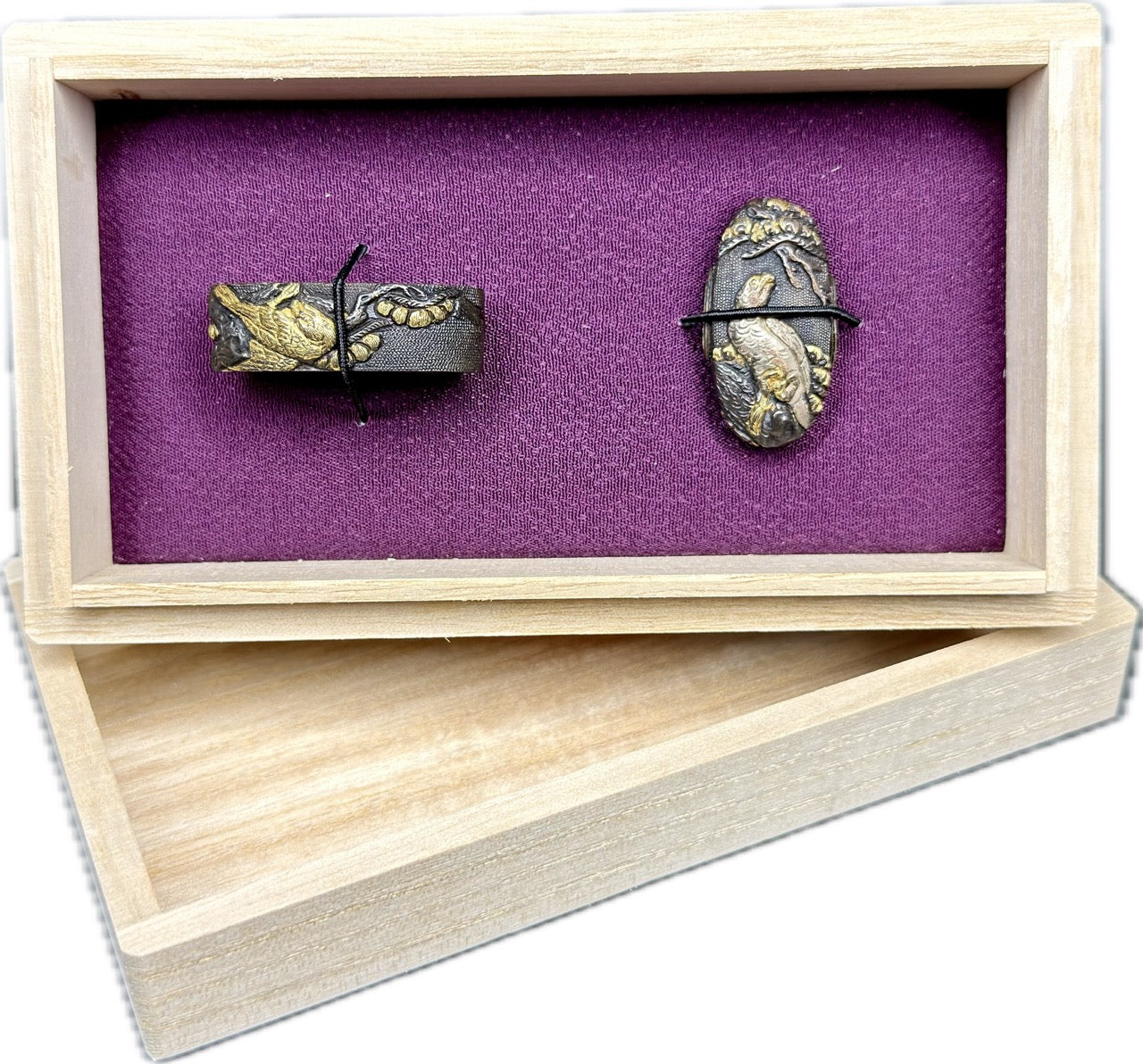 Fuchi Kashira Set, Shakudo, Falcon and Pines (Antique) w/ Storage Box