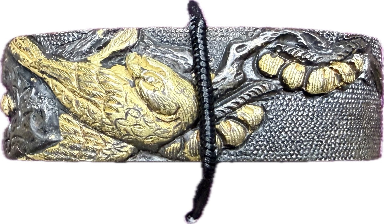 Fuchi Kashira Set, Shakudo, Falcon and Pines (Antique) w/ Storage Box