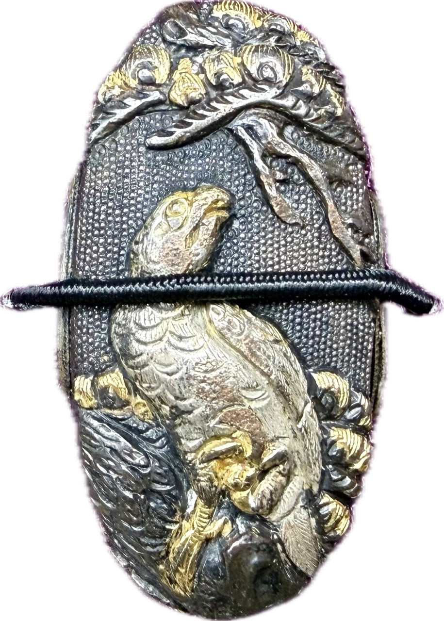 Fuchi Kashira Set, Shakudo, Falcon and Pines (Antique) w/ Storage Box