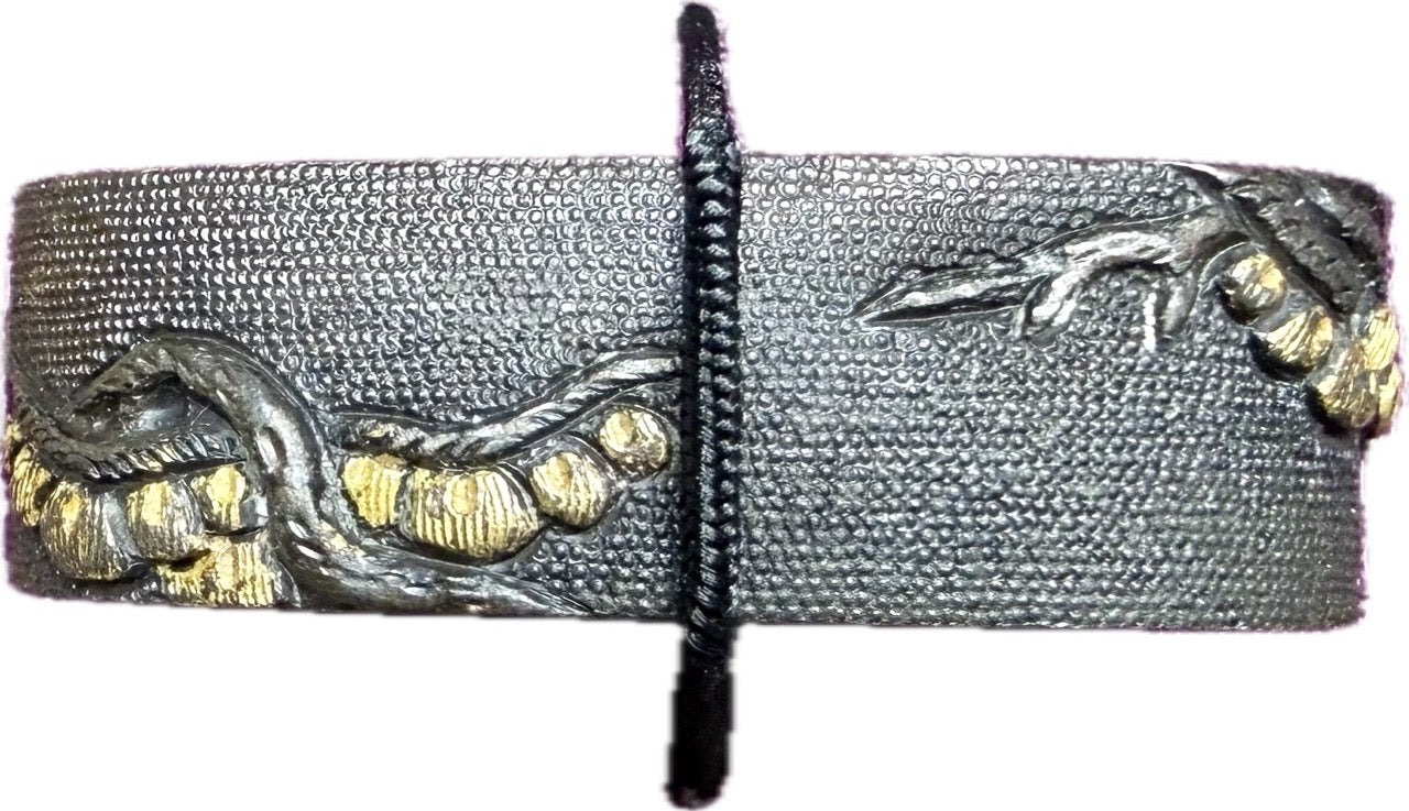 Fuchi Kashira Set, Shakudo, Falcon and Pines (Antique) w/ Storage Box