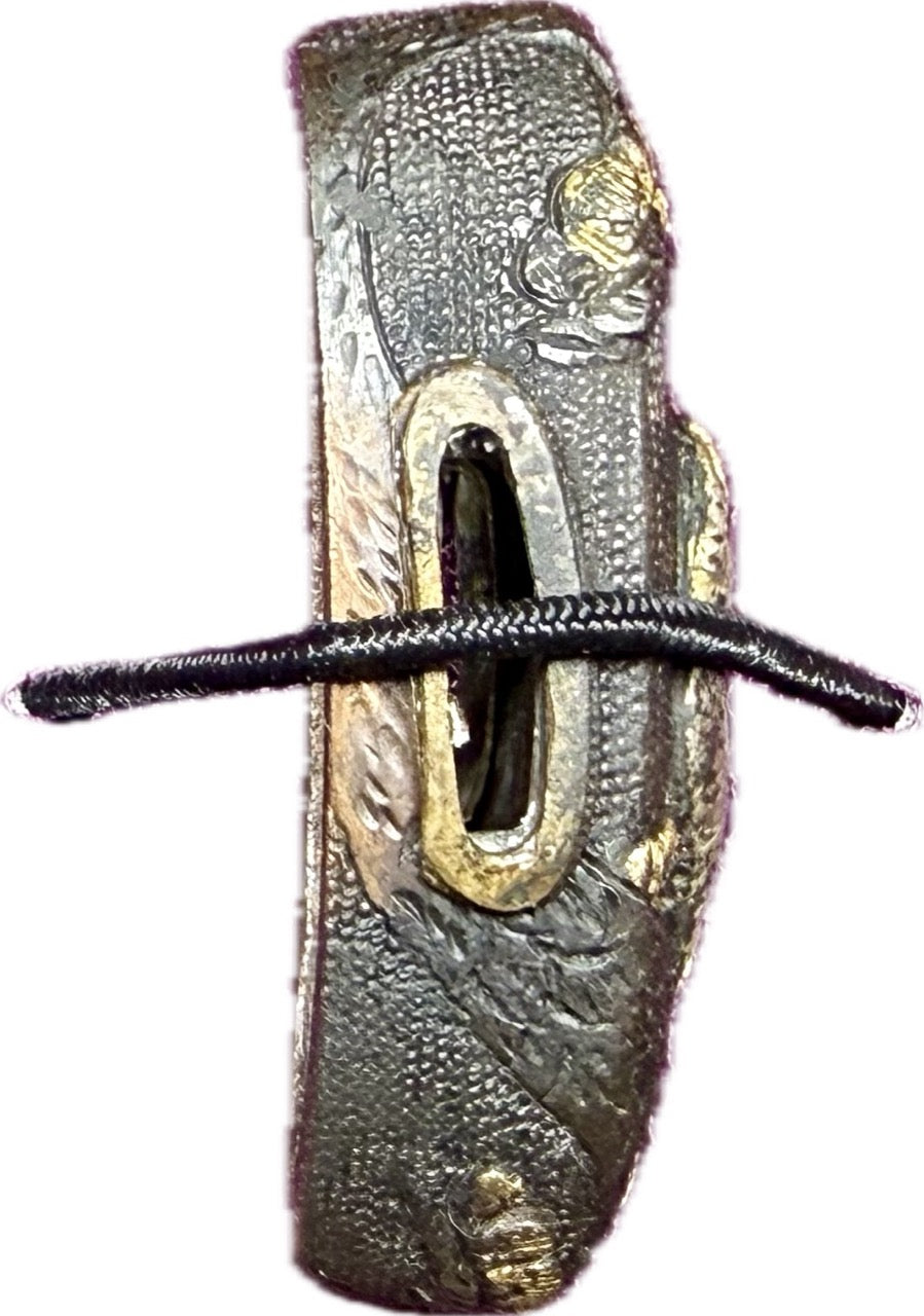 Fuchi Kashira Set, Shakudo, Falcon and Pines (Antique) w/ Storage Box