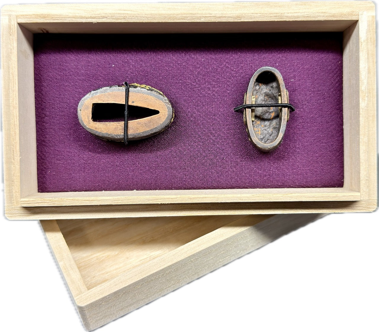 Fuchi Kashira Set, Shakudo, Falcon and Pines (Antique) w/ Storage Box