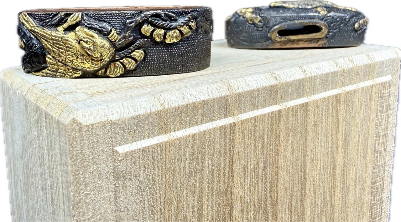 Fuchi Kashira Set, Shakudo, Falcon and Pines (Antique) w/ Storage Box