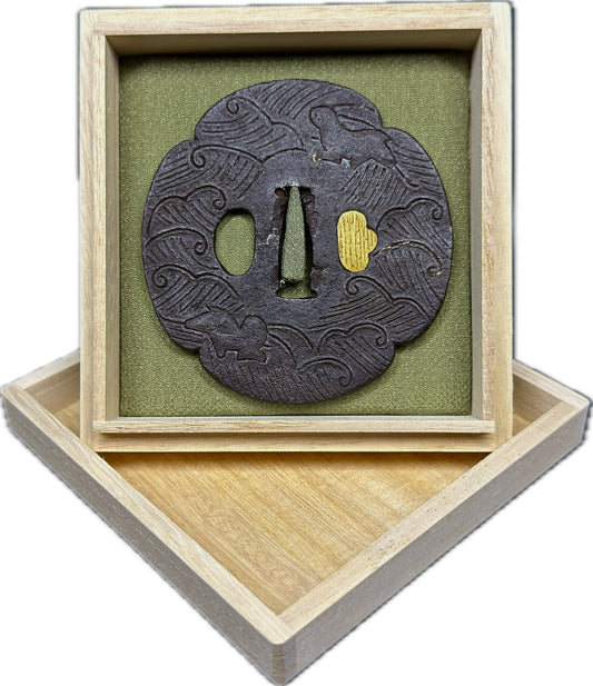 Tsuba, Iron w/ Gold Umegane, Mokko Gata, 83.7mm x 87.7mm x 8mm (Antique) w/ Storage Box