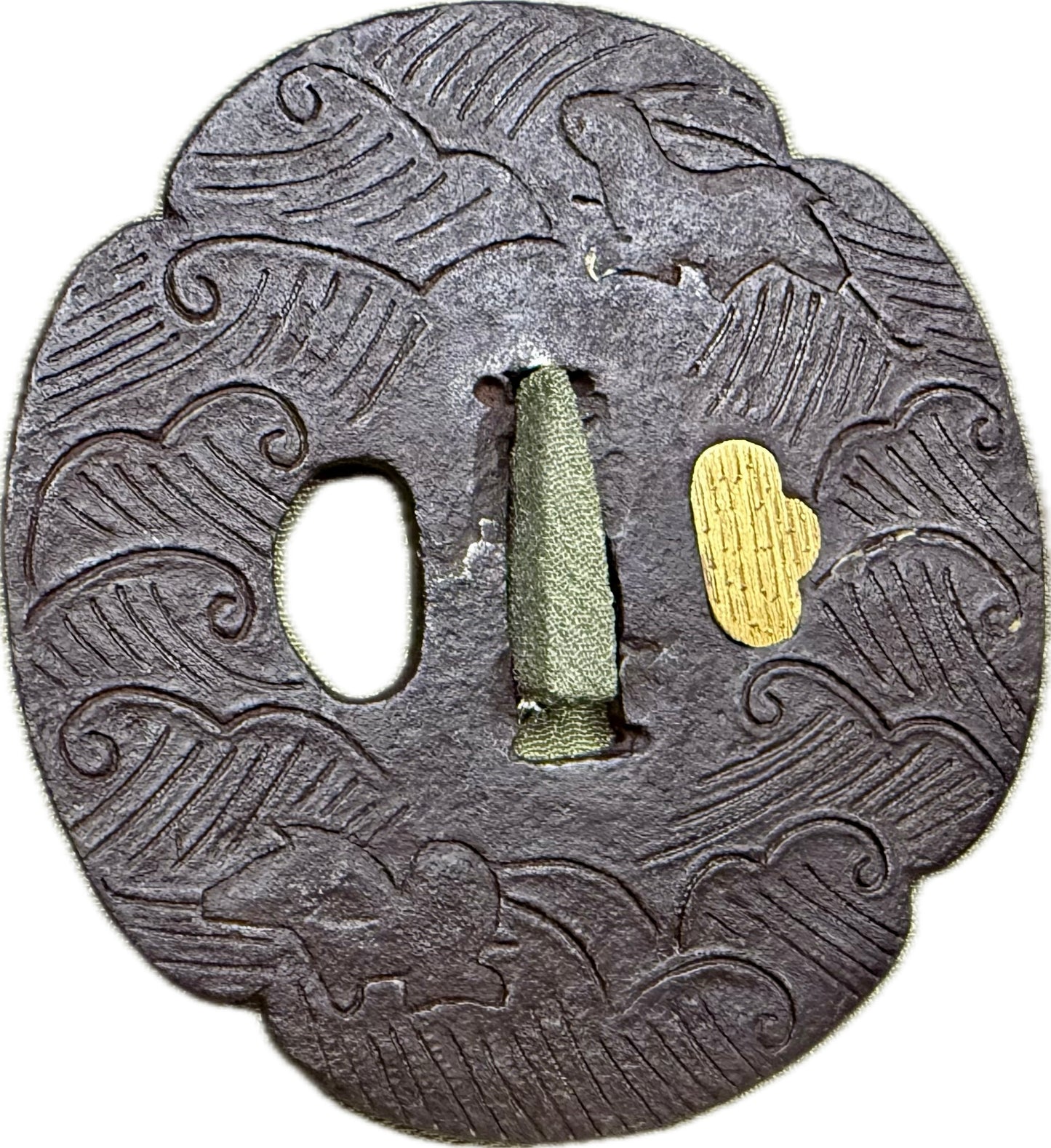 Tsuba, Iron w/ Gold Umegane, Mokko Gata, 83.7mm x 87.7mm x 8mm (Antique)