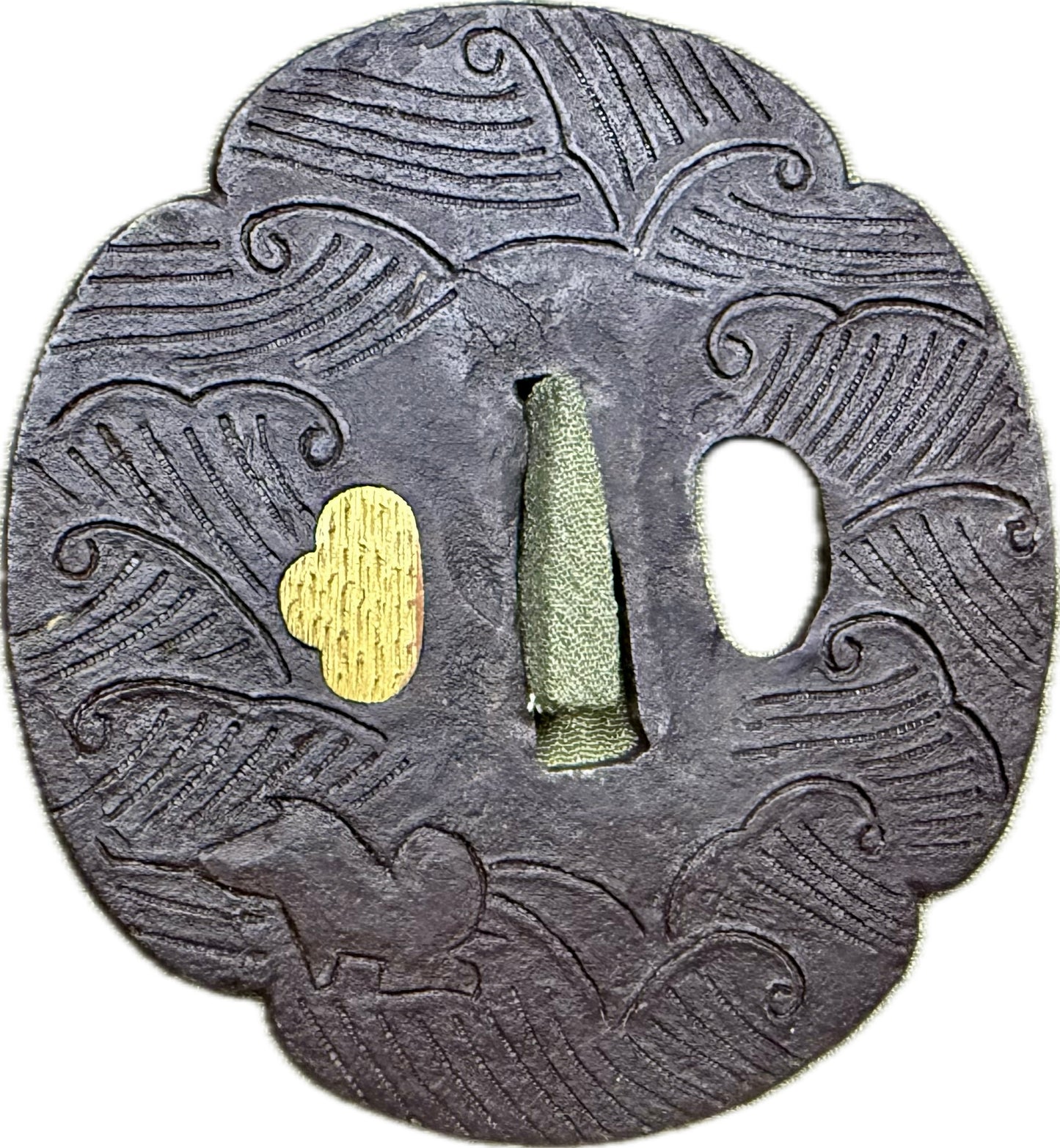 Tsuba, Iron w/ Gold Umegane, Mokko Gata, 83.7mm x 87.7mm x 8mm (Antique)