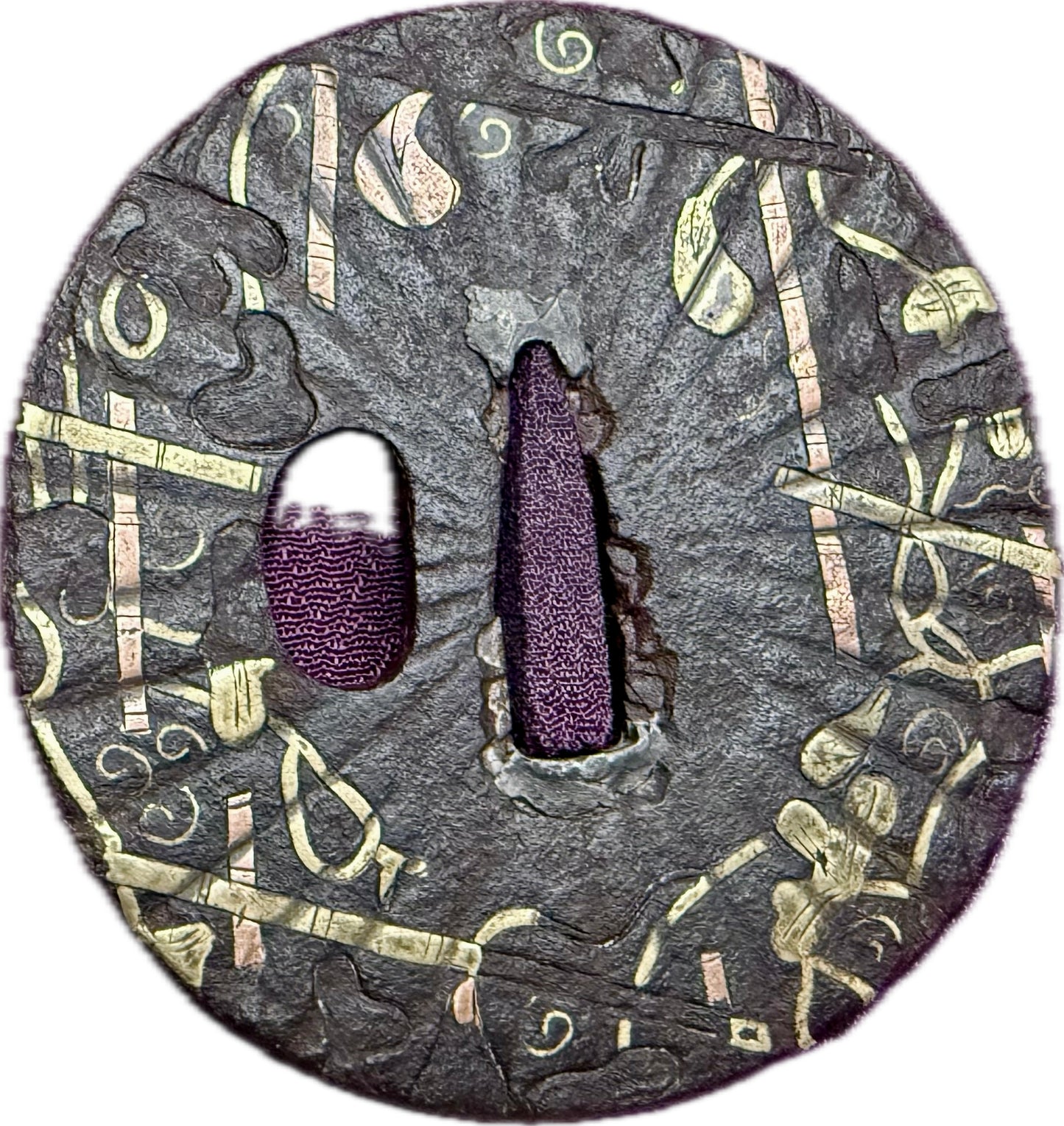 Tsuba, Iron w/ Gold Inlay, Maru Gata, 71.8mm x 73.2mm x 7.5mm (Antique)