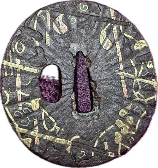Tsuba, Iron w/ Gold Inlay, Maru Gata, 71.8mm x 73.2mm x 7.5mm (Antique)