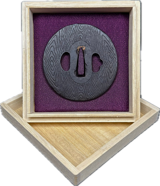 Tsuba, Iron, Mokume, Maru Gata, 74.4mm x 75.6mm x 8.3mm (Reproduction) w/ Storage Box