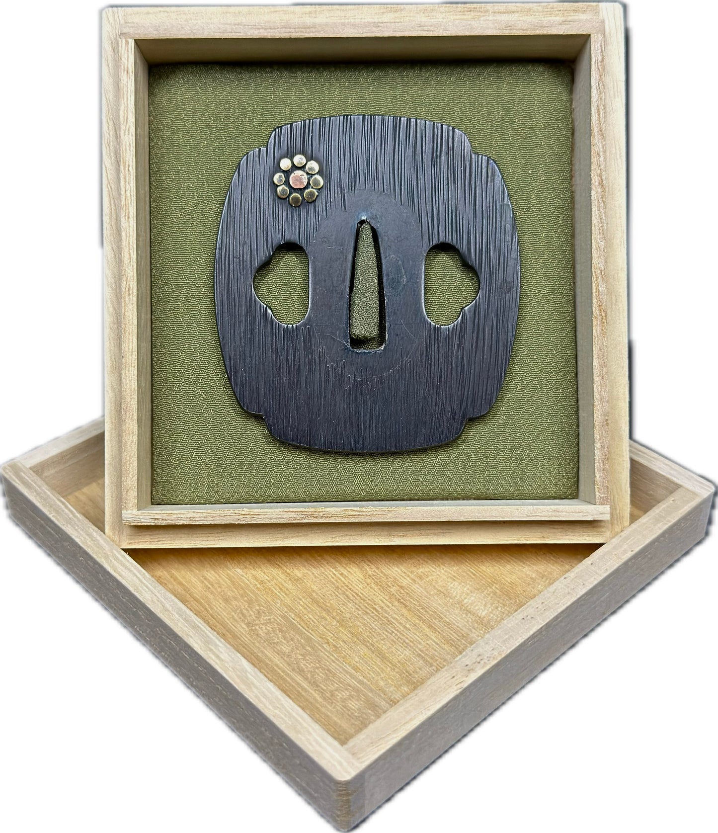 Tsuba, Steel, Mokko Gata, 68.3mm x 75mm x 7.3mm (Reproduction) w/ Storage Box