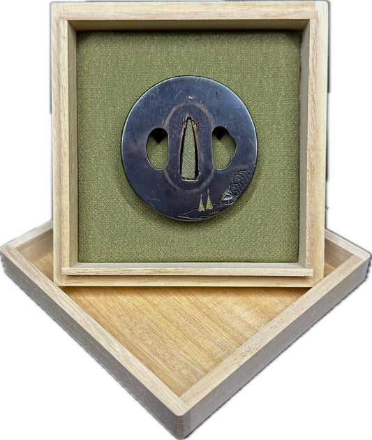 Tsuba, Shakudo, Maru Gata, 57.6mm x 60.5mm x 5.9mm (Antique) w/ Storage Box